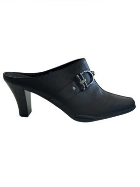 AEROSOLES Black Leather Buckle Mule Heels